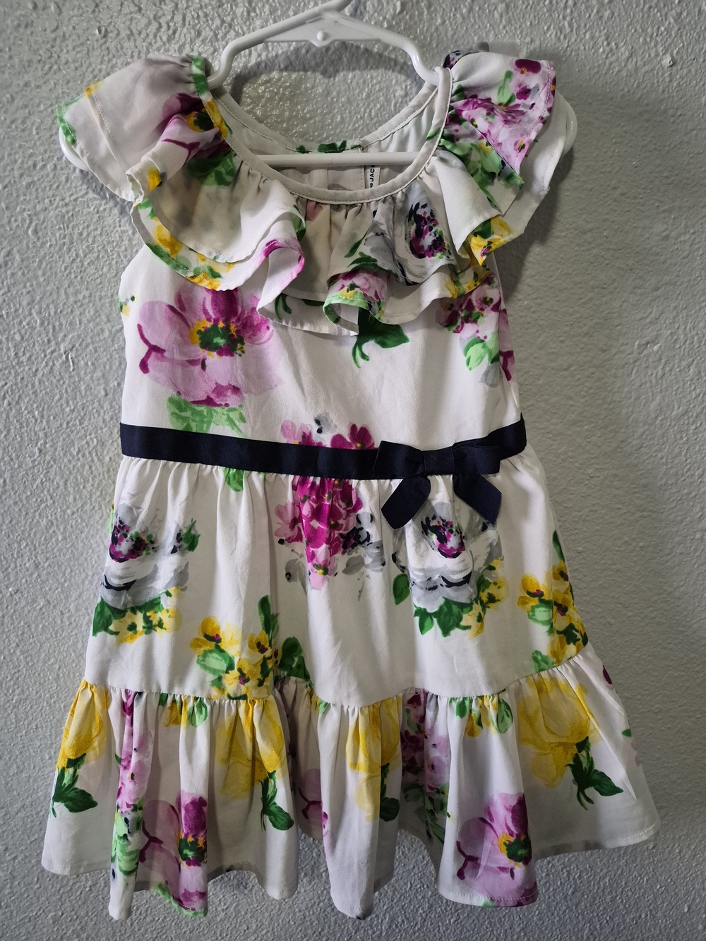 Janie and Jack White Floral Ruffle Dress with Navy Ribbon